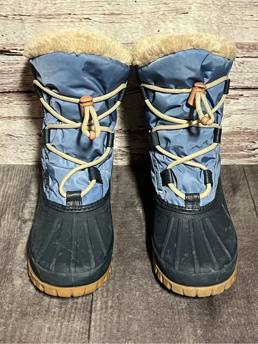 Cinch Kids Waterproof Winter Boots in Blue and Tan with Faux Fur Cuff